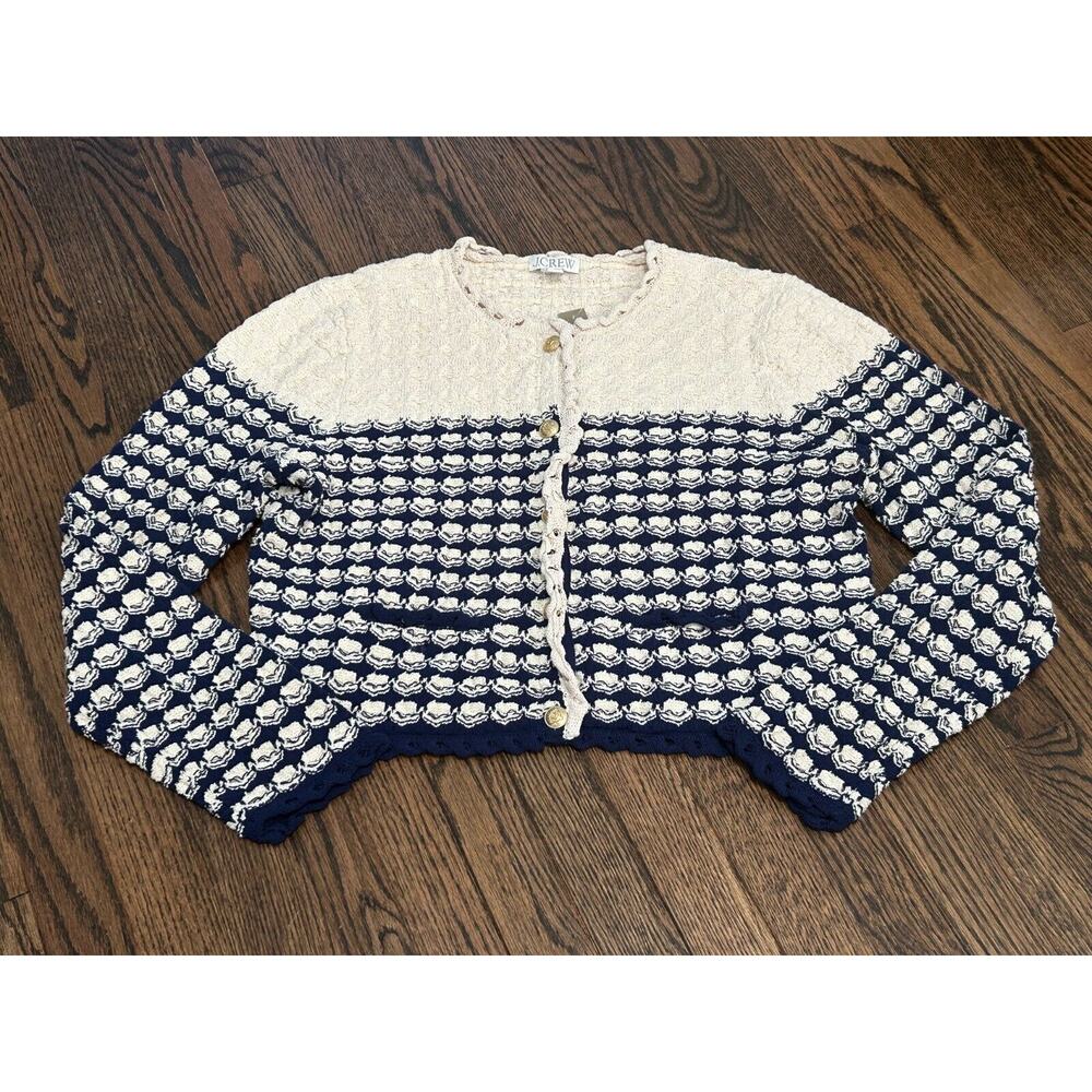 J.Crew Cream & Blue Textured Crochet Lady Jacket Cardigan Sweater BZ467 Size L